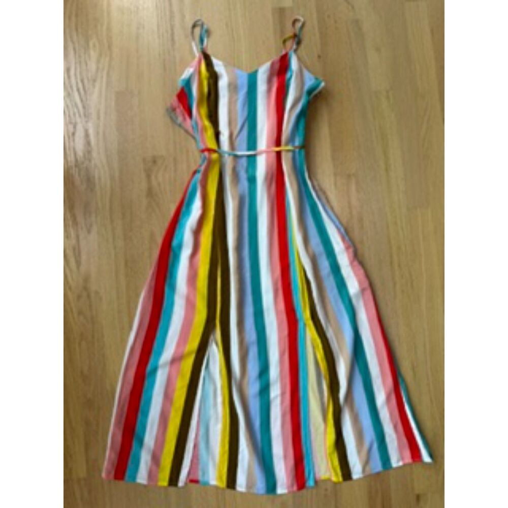 Xhilaration Rainbow Striped Maxi Dress Tie Waist Double Slit